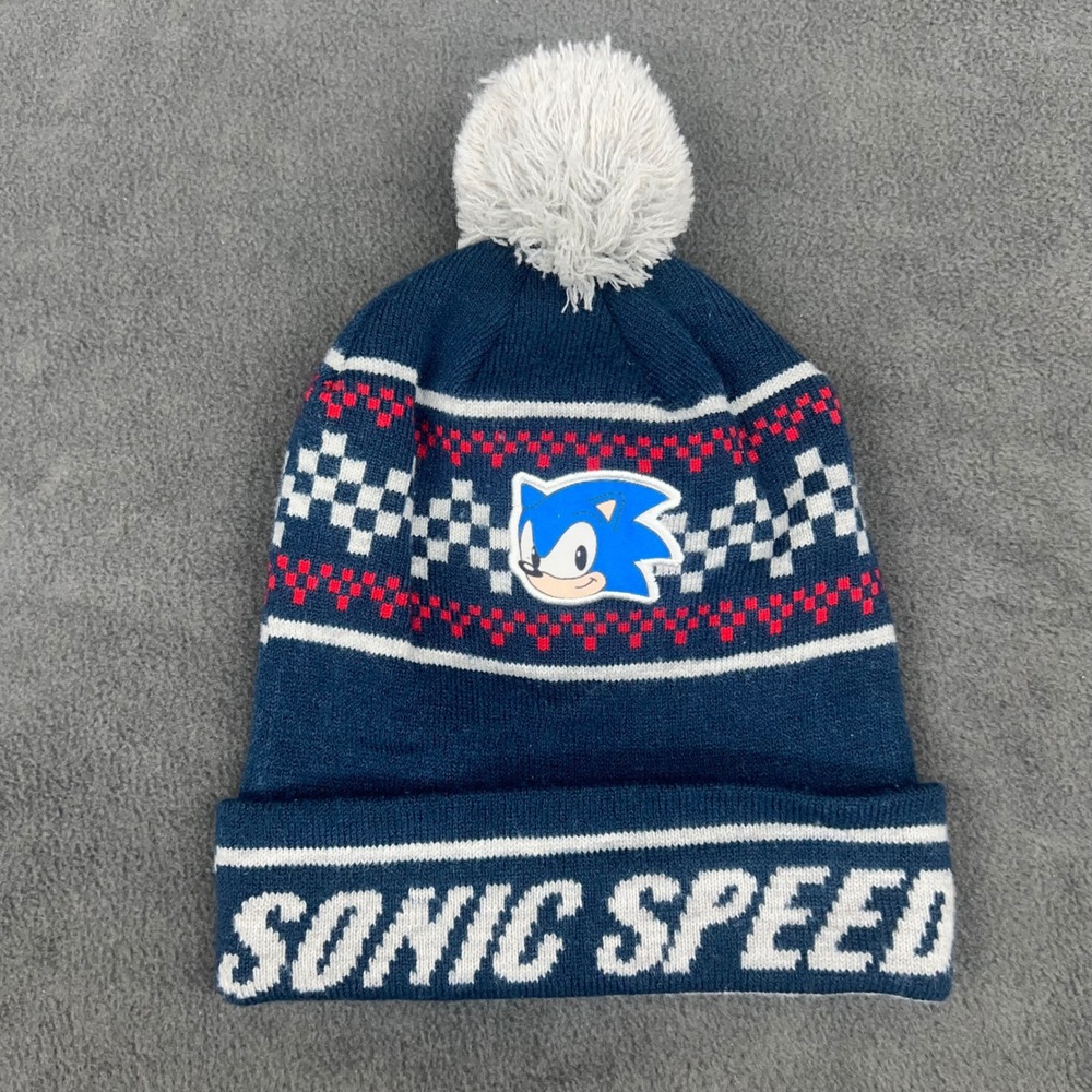Sonic The Hedgehog SPEED Beanie Pom Knit Cap Sega OSFA Blue Red White